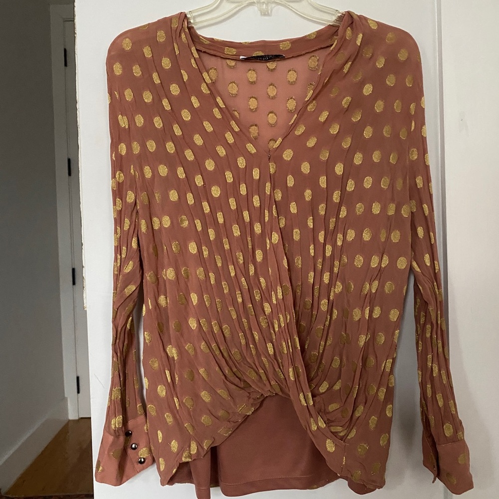 Mango Violeta wrap Blouse with Gold Polka Dots